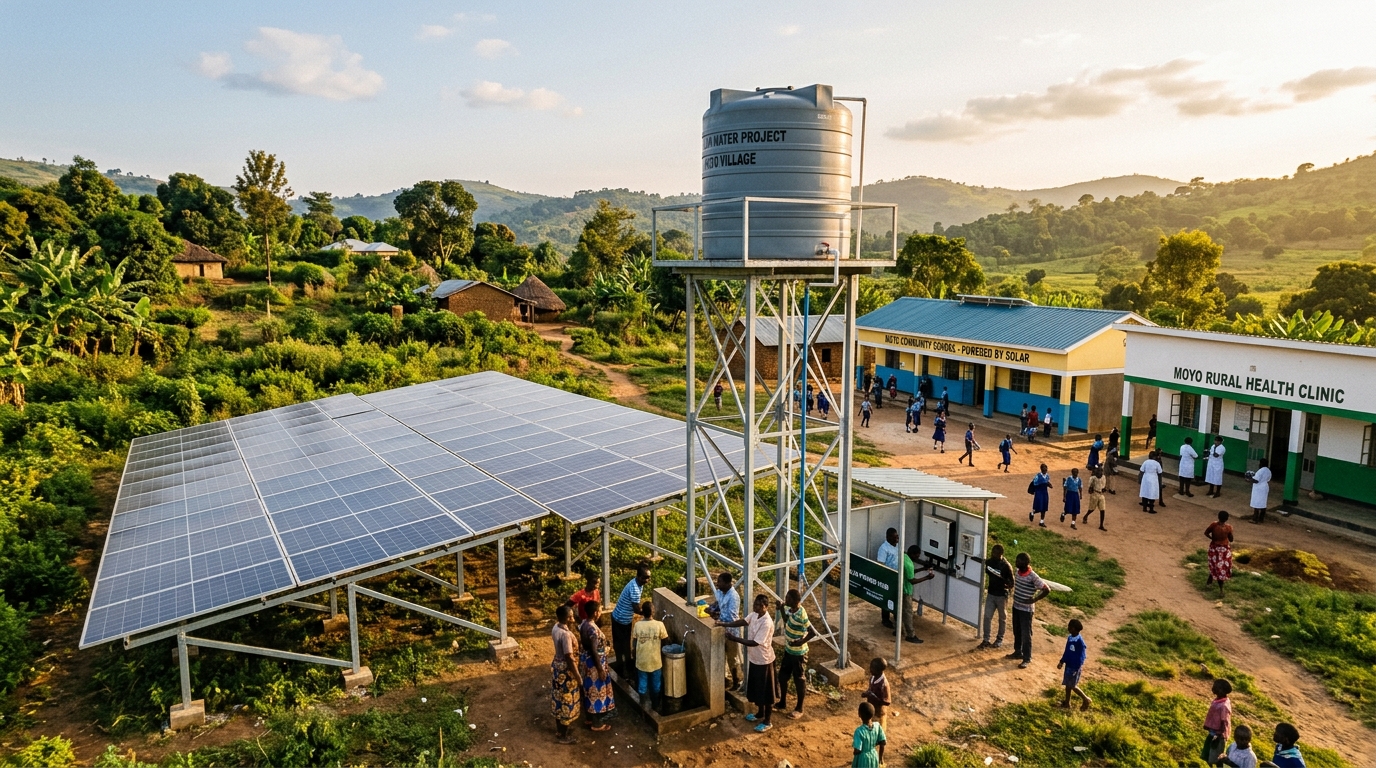Installation solaire communautaire alimentant une école et un dispensaire avec château d'eau