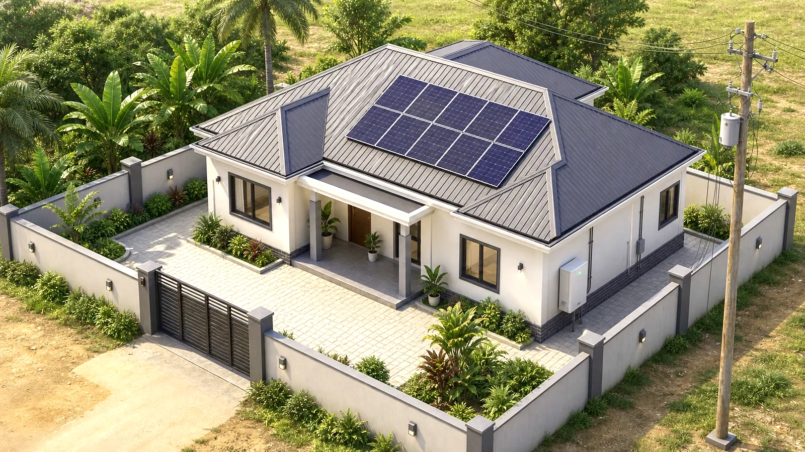 Maison camerounaise équipée de panneaux solaires et d'une batterie Up Power pendant la journée