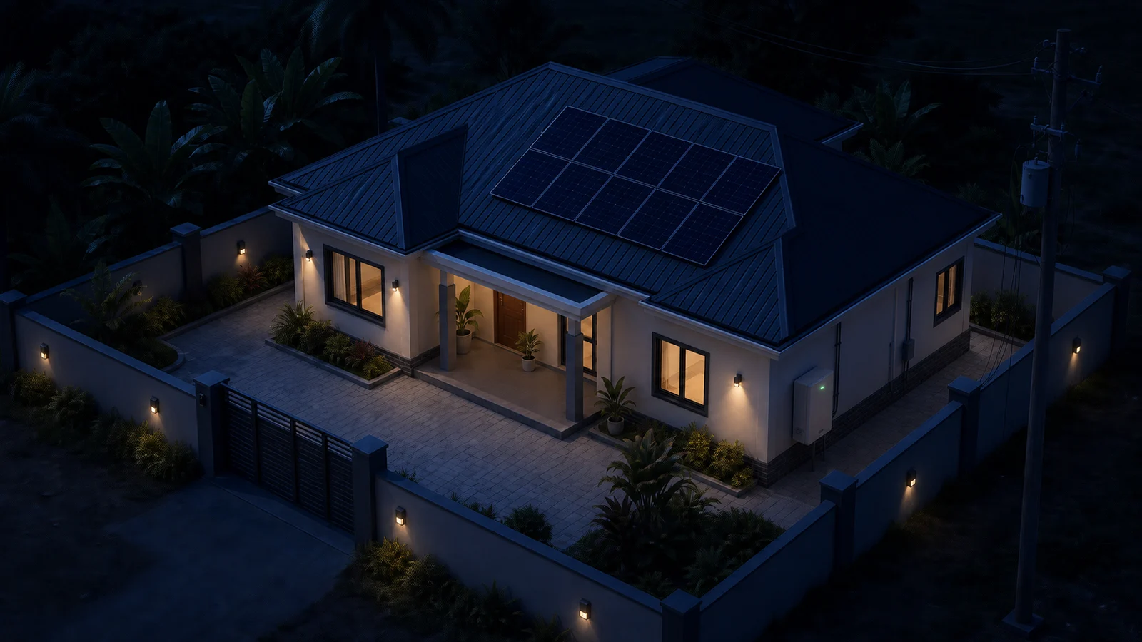 La même maison éclairée la nuit grâce à l'énergie stockée dans Up Power